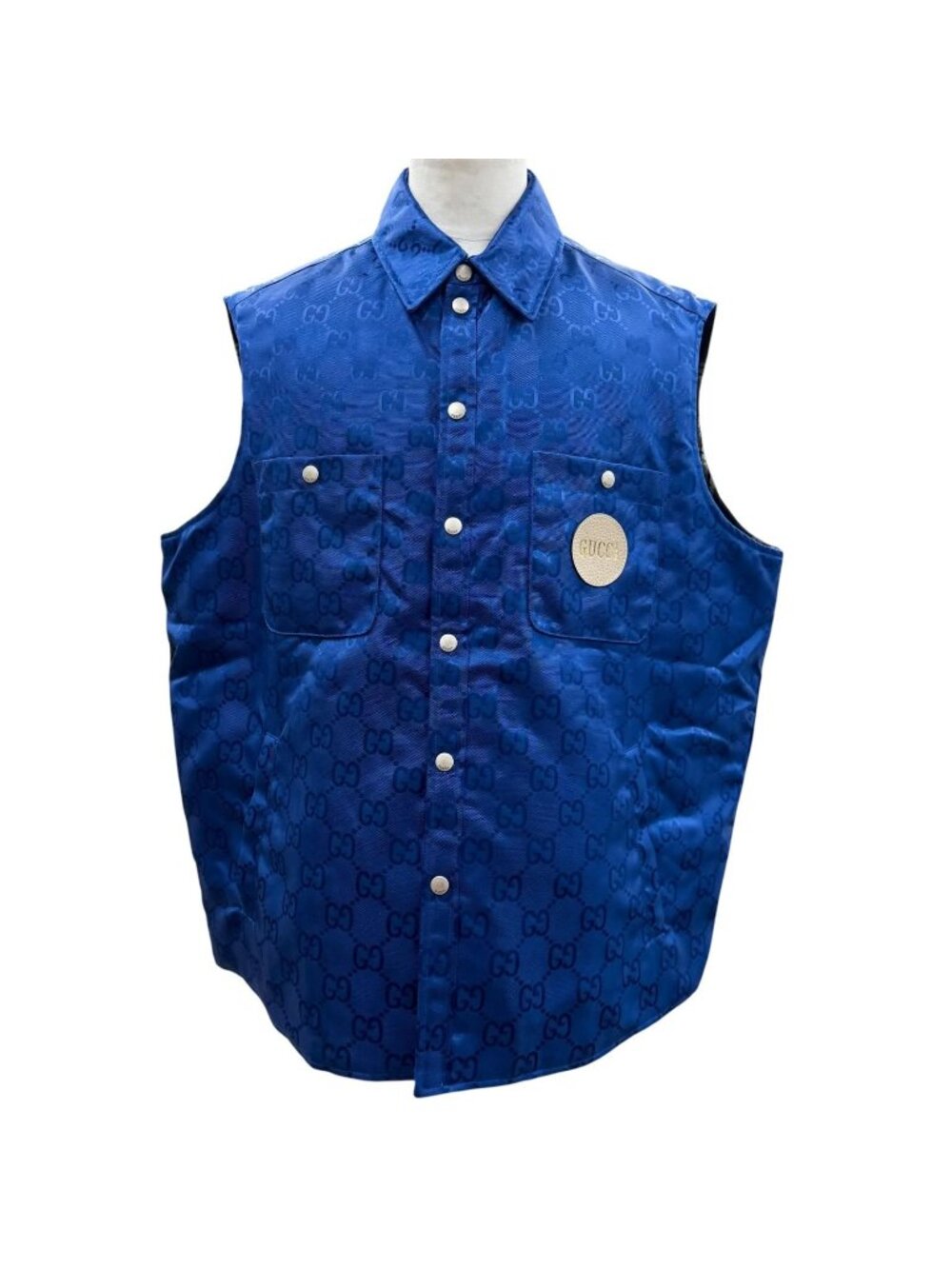 Gucci Off the Grid Nylon Vest GG Pattern Leather Logo with Patch Gilet Blue 50